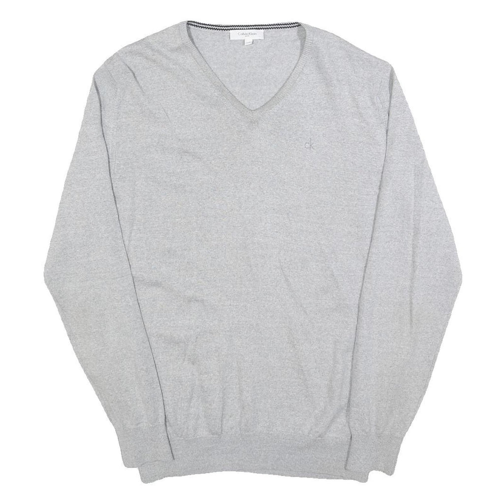 CALVIN KLEIN Mens Grey Patterned Wool Blend V-Neck Jumper L Soft Warm Comfort