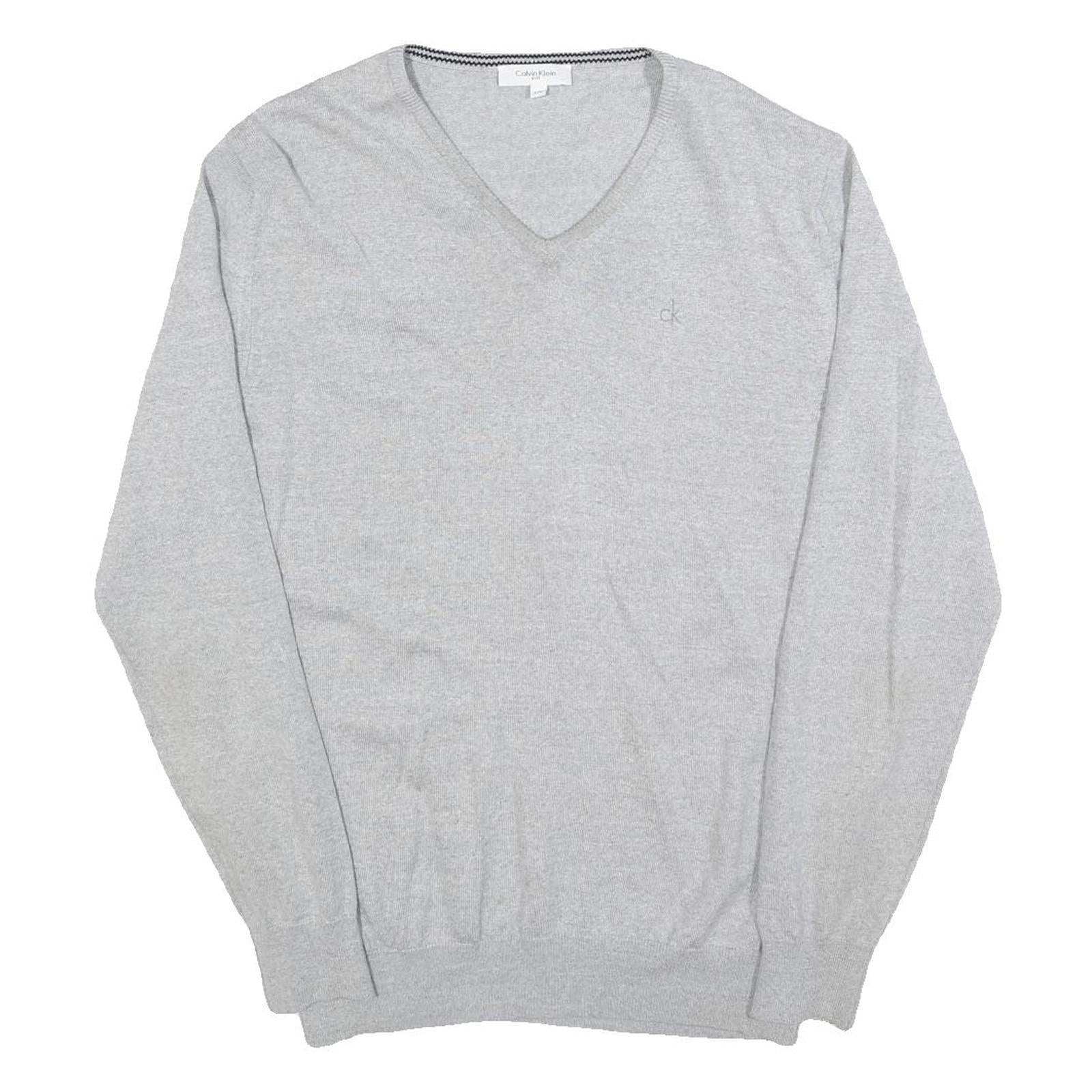 CALVIN KLEIN Mens Grey Patterned Wool Blend V-Neck Jumper L Soft Warm Comfort