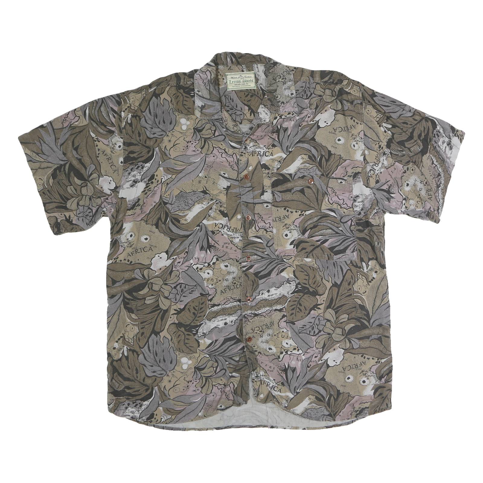 LERROS Mens Beige & Grey Pattern Shirt L Short Sleeve Casual Polyester Blend