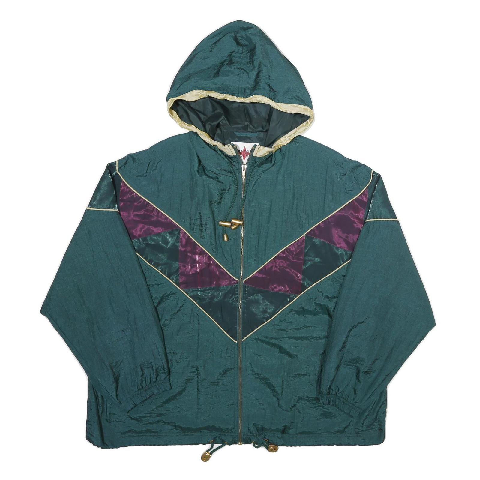 ACTIVE FRONTIER Womens Green & Purple Hooded Zip Nylon Jacket XL Shiny