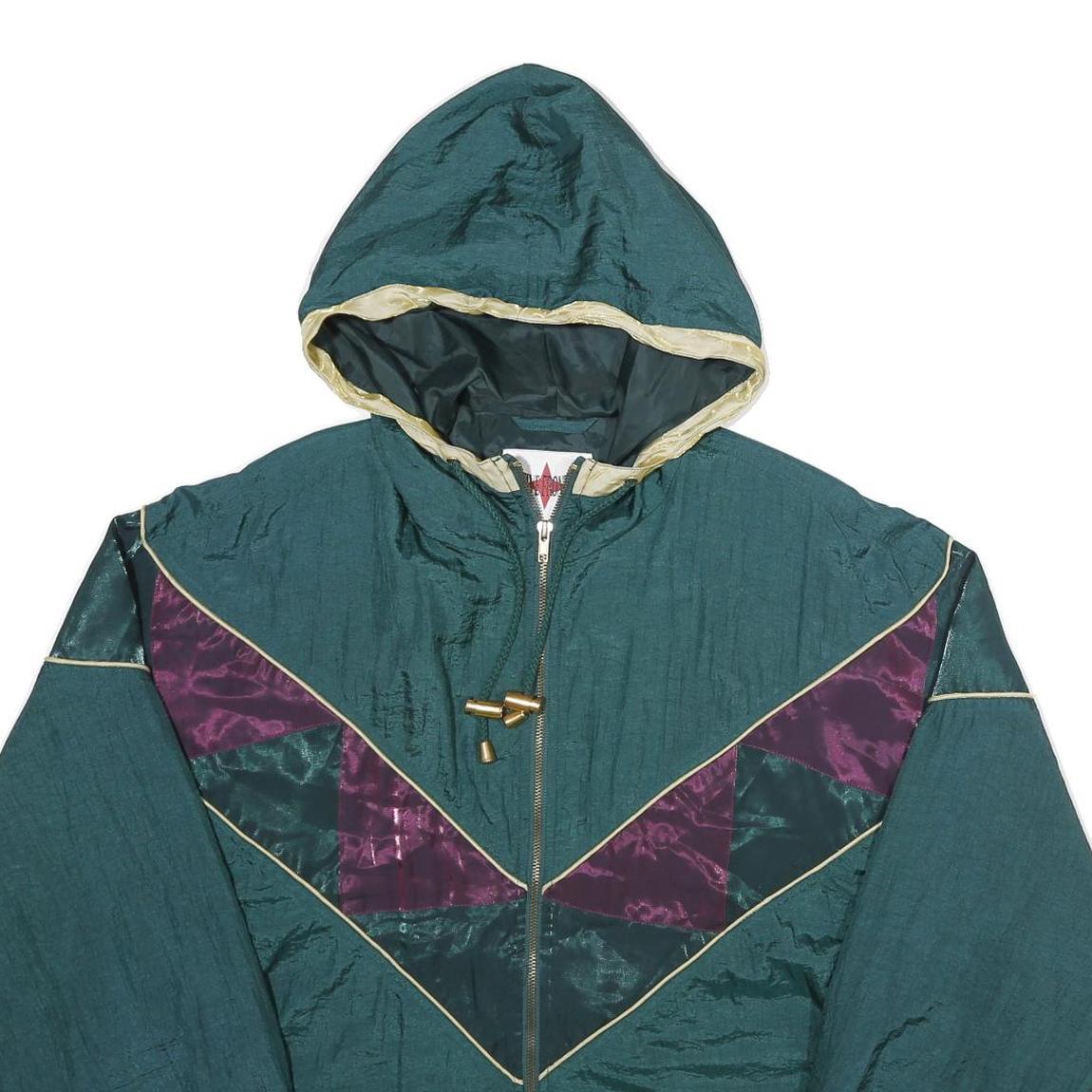 ACTIVE FRONTIER Womens Green & Purple Hooded Zip Nylon Jacket XL Shiny