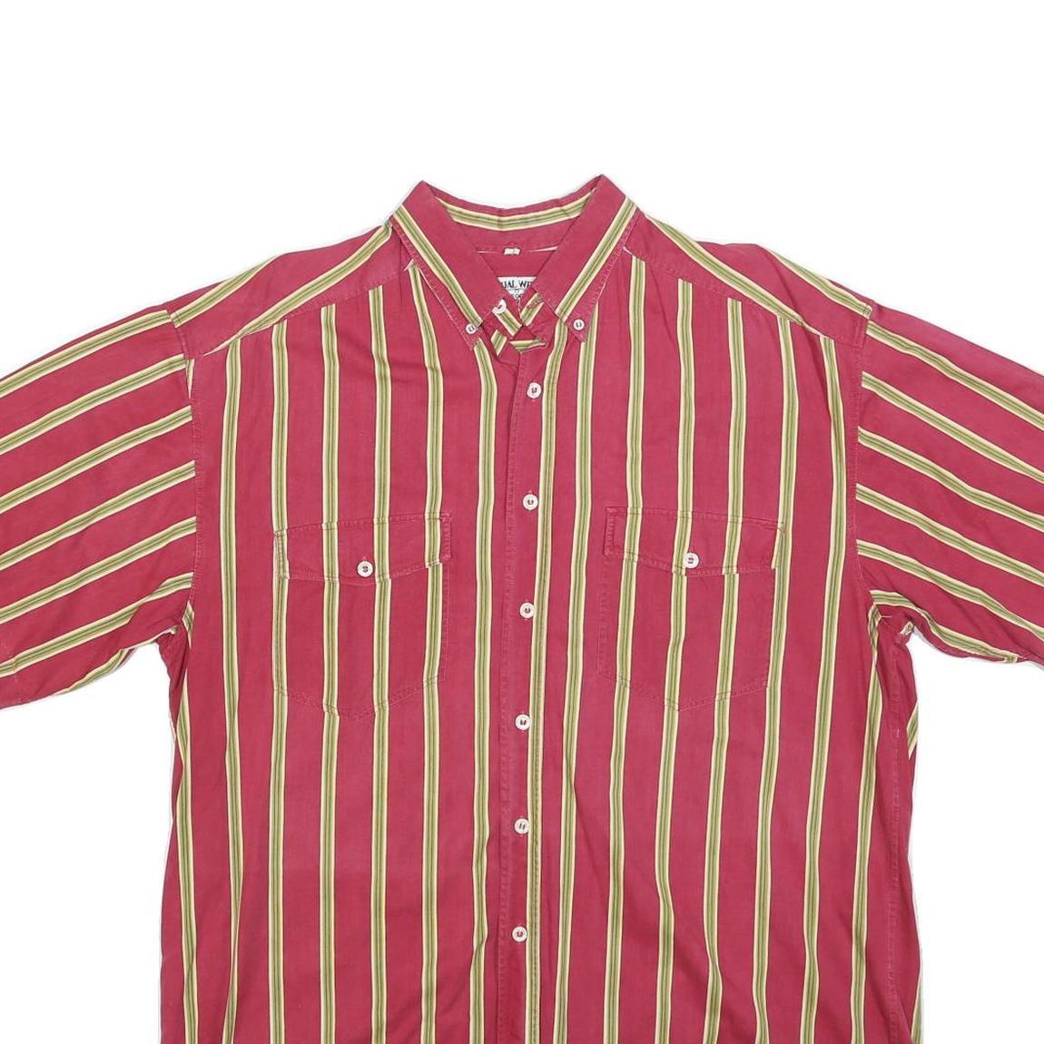 EDITH KUMAR Mens Red & Yellow Striped Casual Shirt L Button Down Collar Cotton