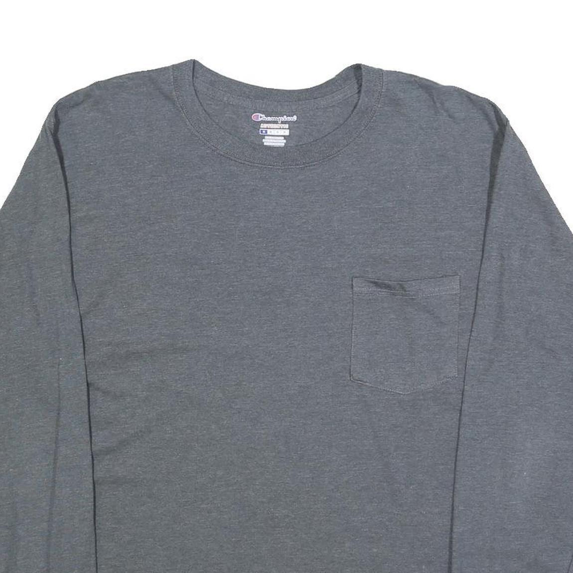 CHAMPION Mens Grey Long Sleeve T-Shirt Crew Neck Cotton Blend M Pocket Casual