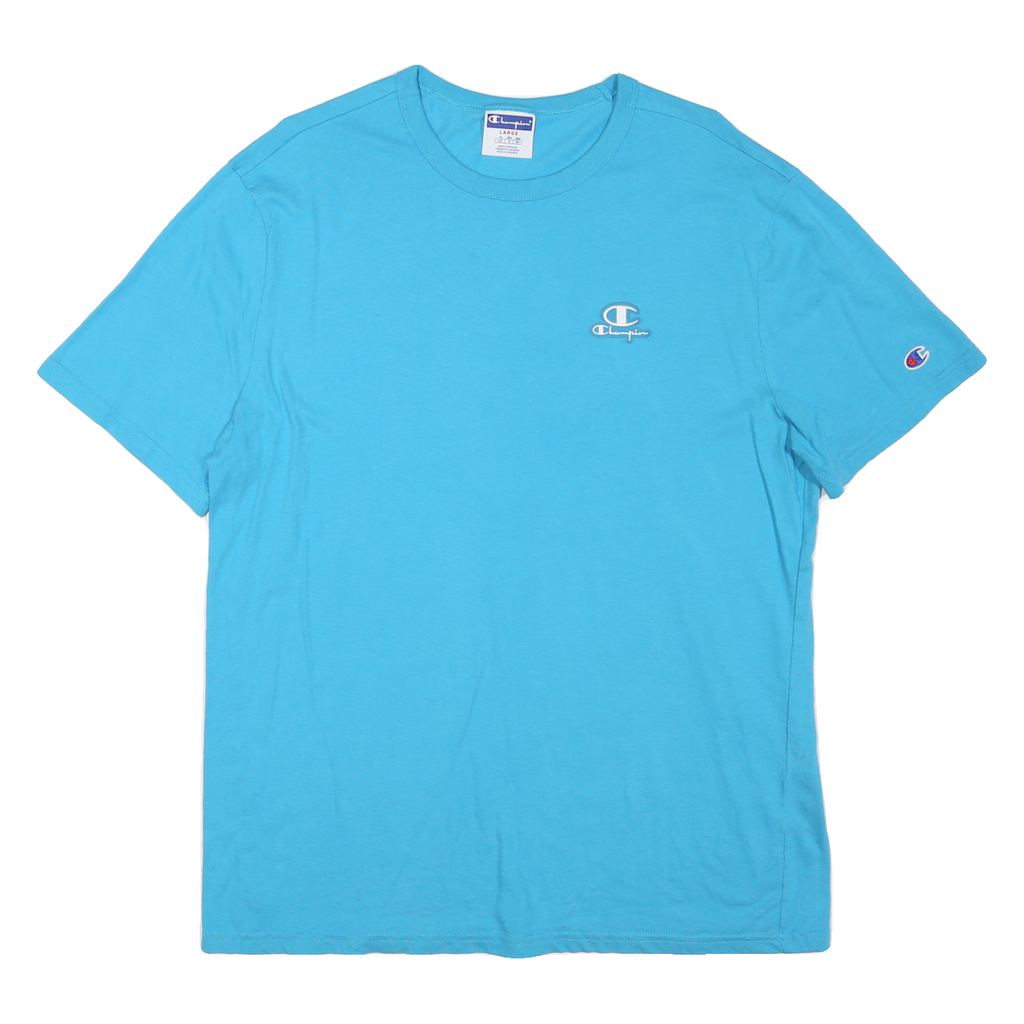 CHAMPION Mens Blue Plain T-Shirt L Short Sleeve Crew Neck Logo Casual Cotton