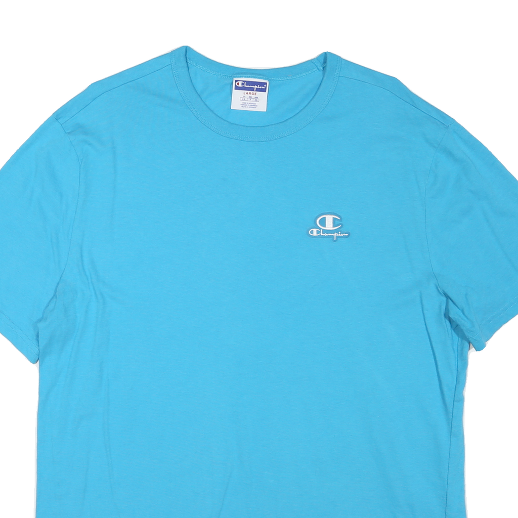 CHAMPION Mens Blue Plain T-Shirt L Short Sleeve Crew Neck Logo Casual Cotton