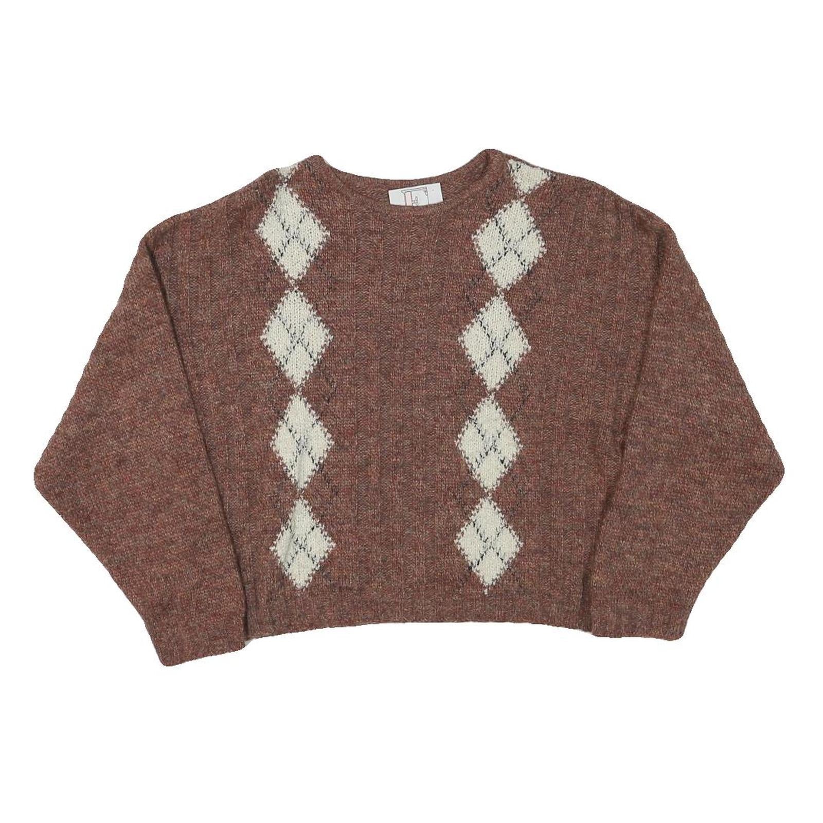 LE FAVOLE Womens Brown & Cream Patterned Wool Blend Plain Crew Neck Chunky Knit