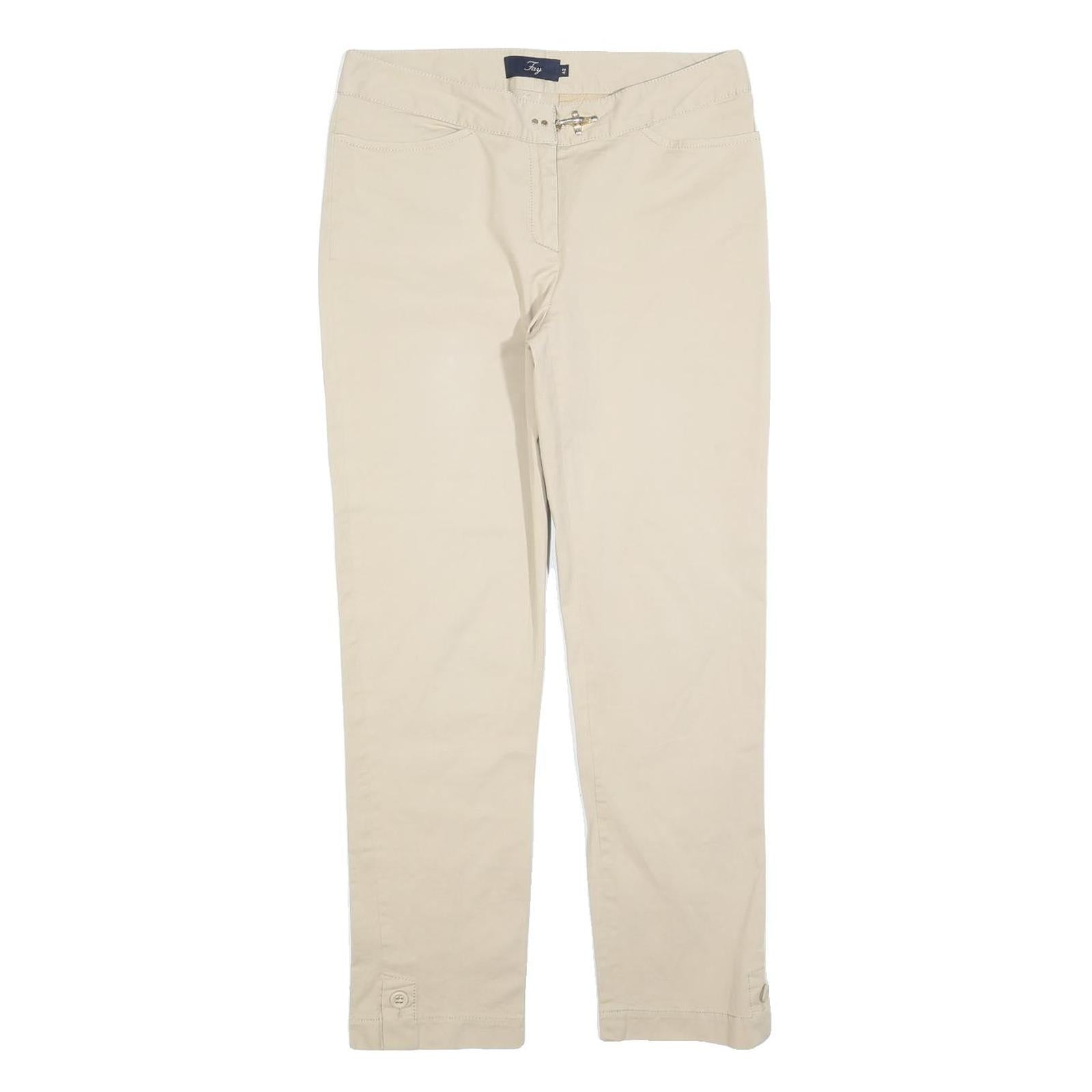 FAY Womens Cotton Blend Beige Slim Straight Trousers W30 L30 Stylish Casual Zip