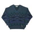 JOCKEY Mens Blue Patterned V-Neck Jumper Chunky Knit L Wool Blend Warm Casual