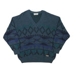 JOCKEY Mens Blue Patterned V-Neck Jumper Chunky Knit L Wool Blend Warm Casual