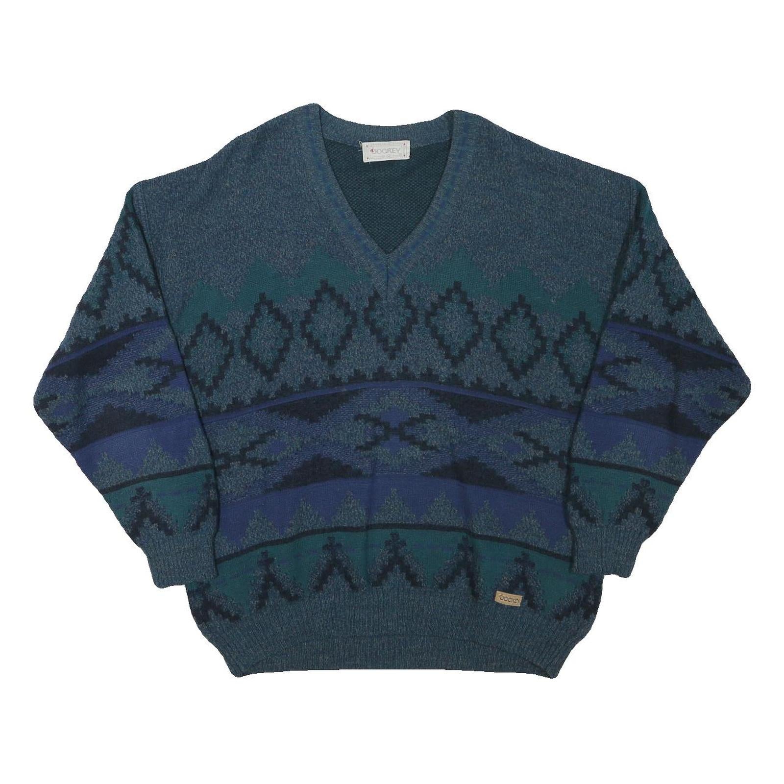 JOCKEY Mens Blue Patterned V-Neck Jumper Chunky Knit L Wool Blend Warm Casual