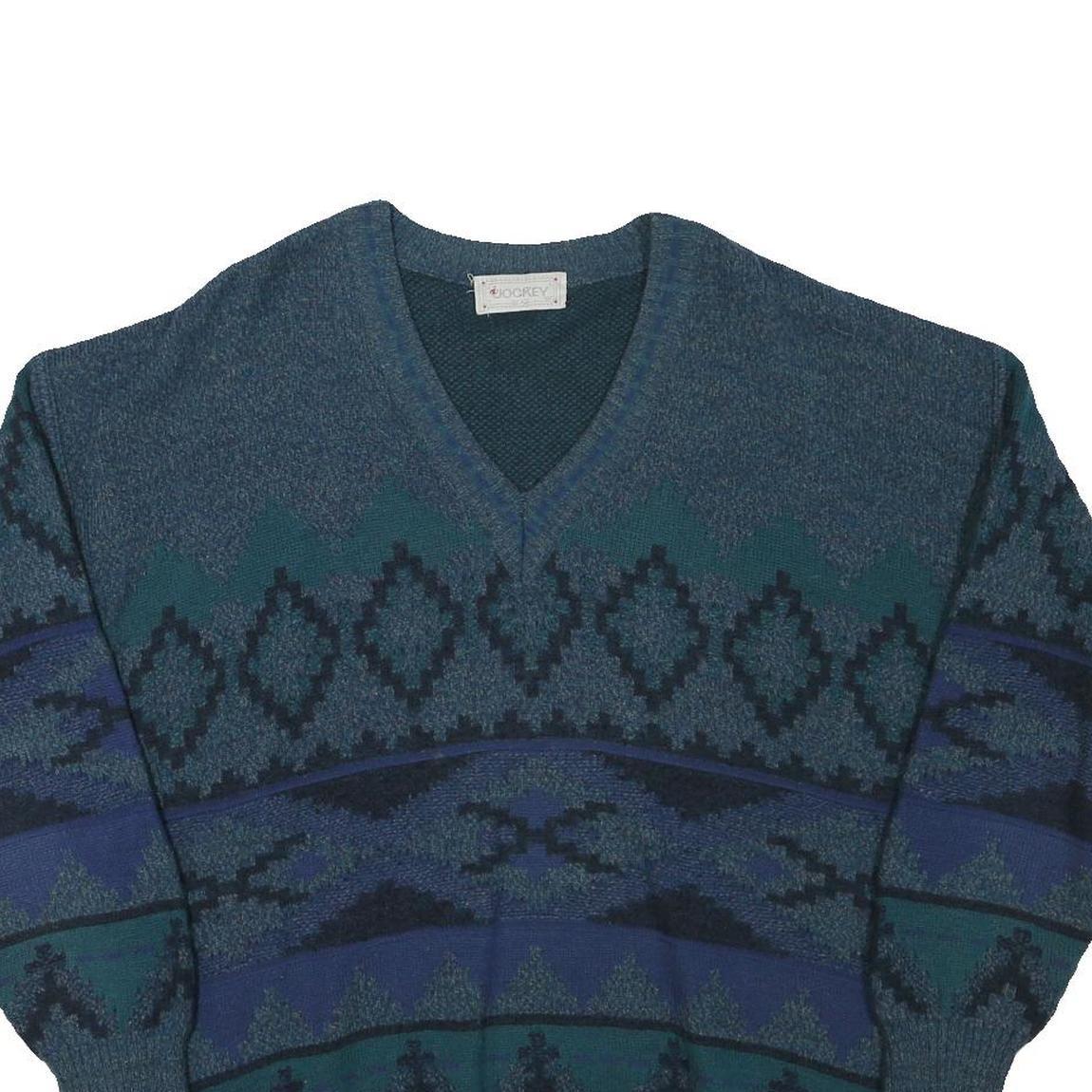 JOCKEY Mens Blue Patterned V-Neck Jumper Chunky Knit L Wool Blend Warm Casual