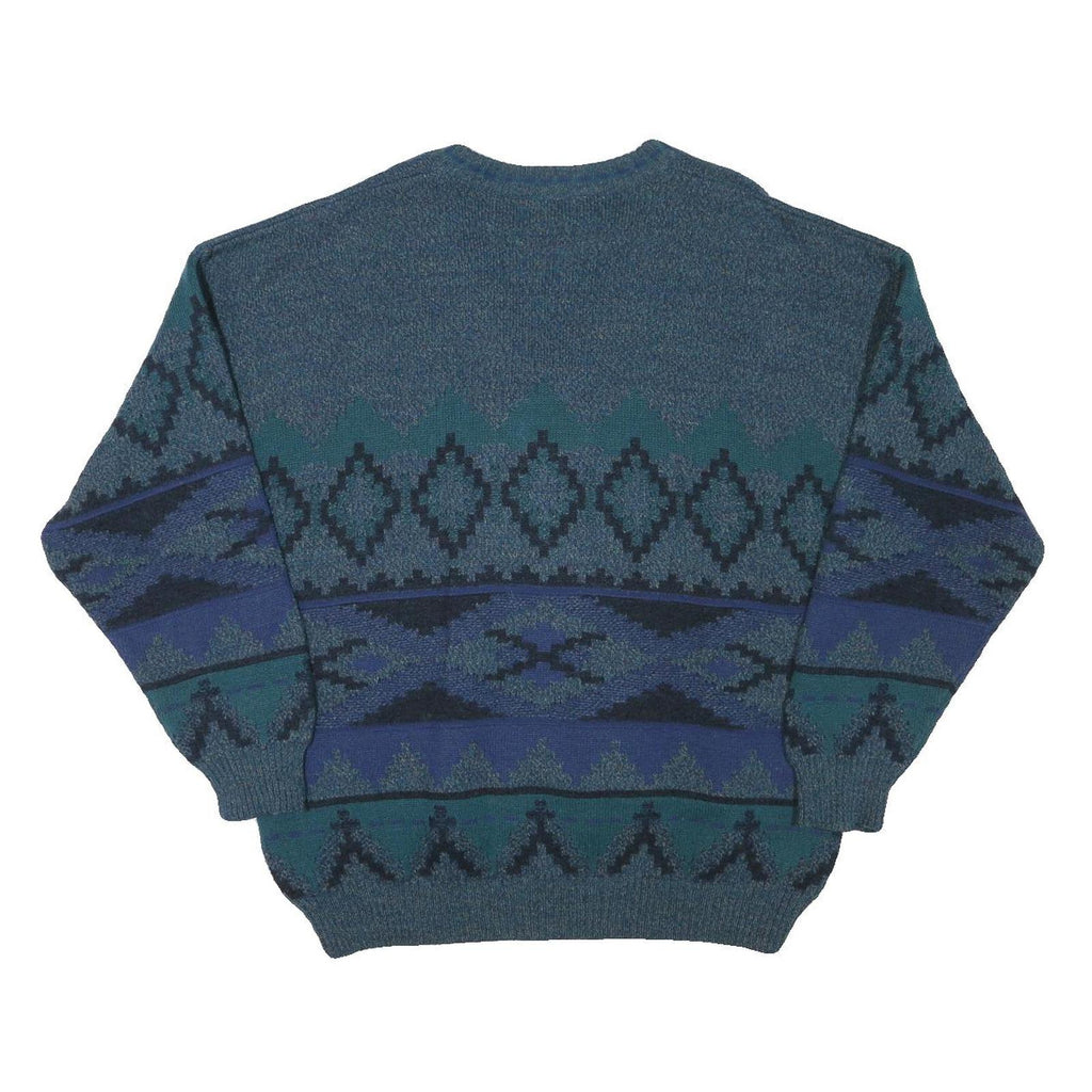 JOCKEY Mens Blue Patterned V-Neck Jumper Chunky Knit L Wool Blend Warm Casual