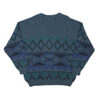 JOCKEY Mens Blue Patterned V-Neck Jumper Chunky Knit L Wool Blend Warm Casual