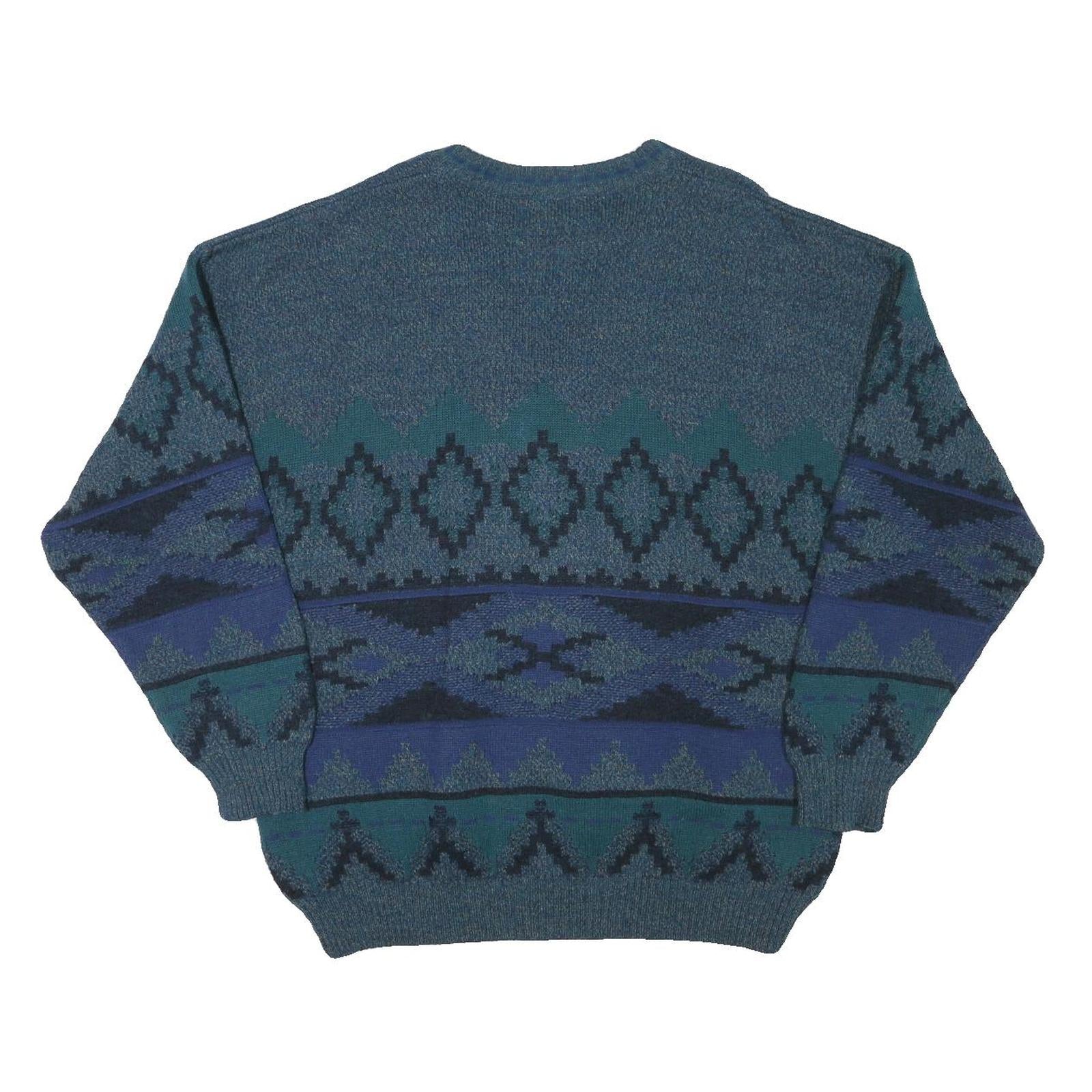 JOCKEY Mens Blue Patterned V-Neck Jumper Chunky Knit L Wool Blend Warm Casual