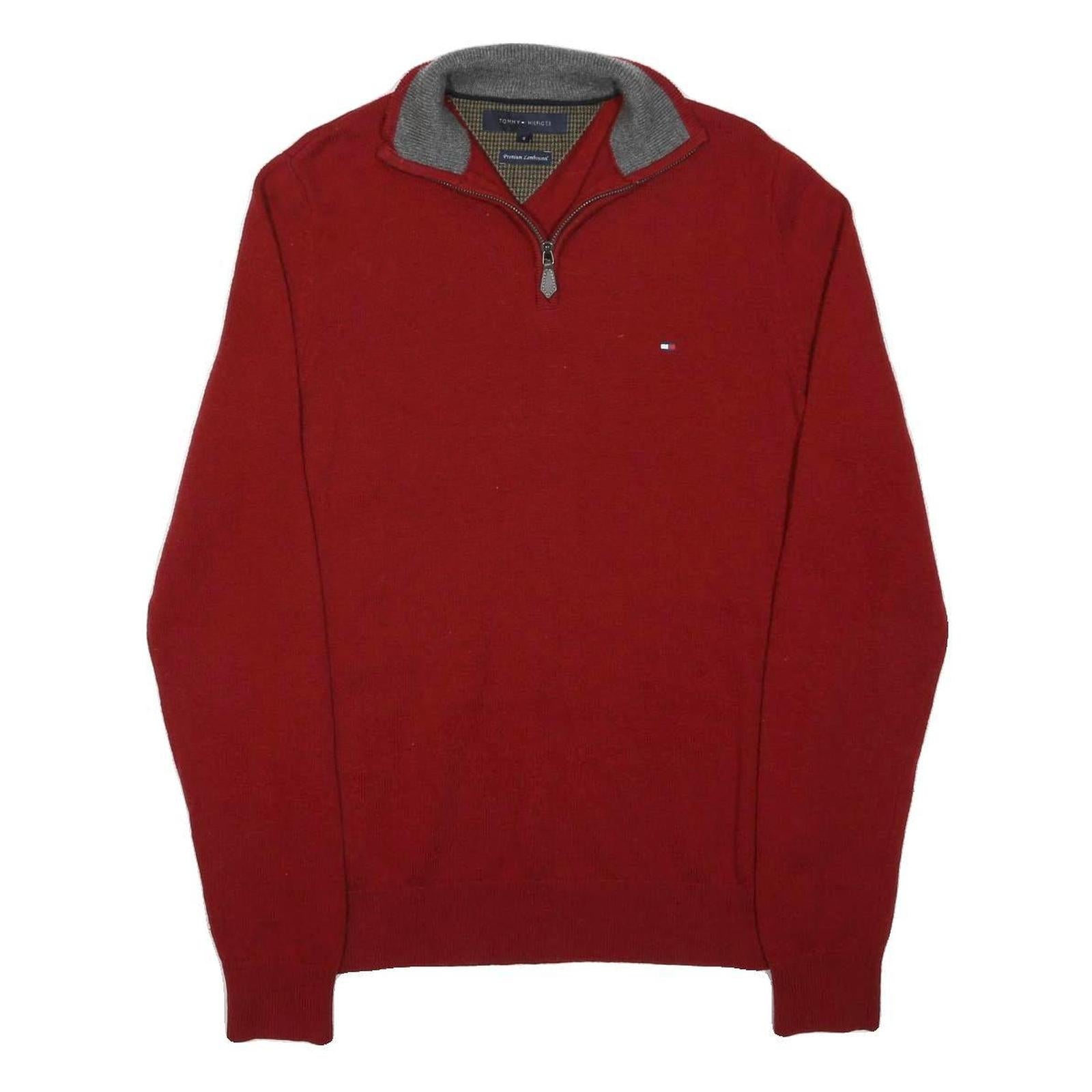 TOMMY HILFIGER Mens Red Pullover Plain V-Neck Basic Knit S Cotton Jumper