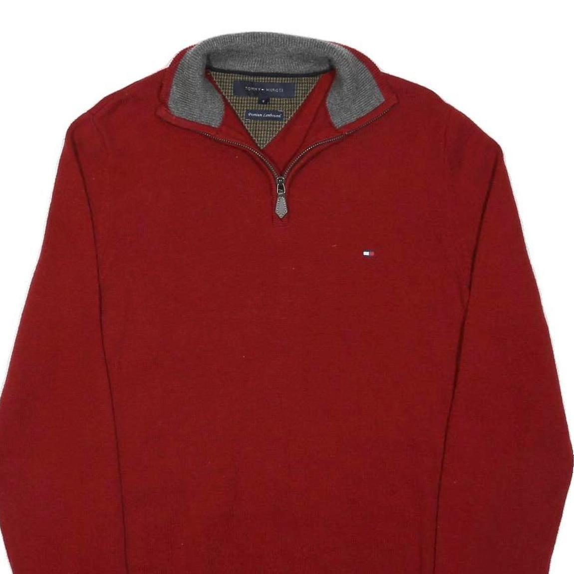 TOMMY HILFIGER Mens Red Pullover Plain V-Neck Basic Knit S Cotton Jumper