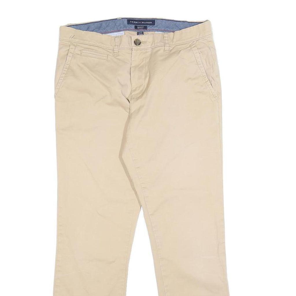 TOMMY HILFIGER Mens Slim Beige Cotton Blend Trousers W31 L30 Casual Zip