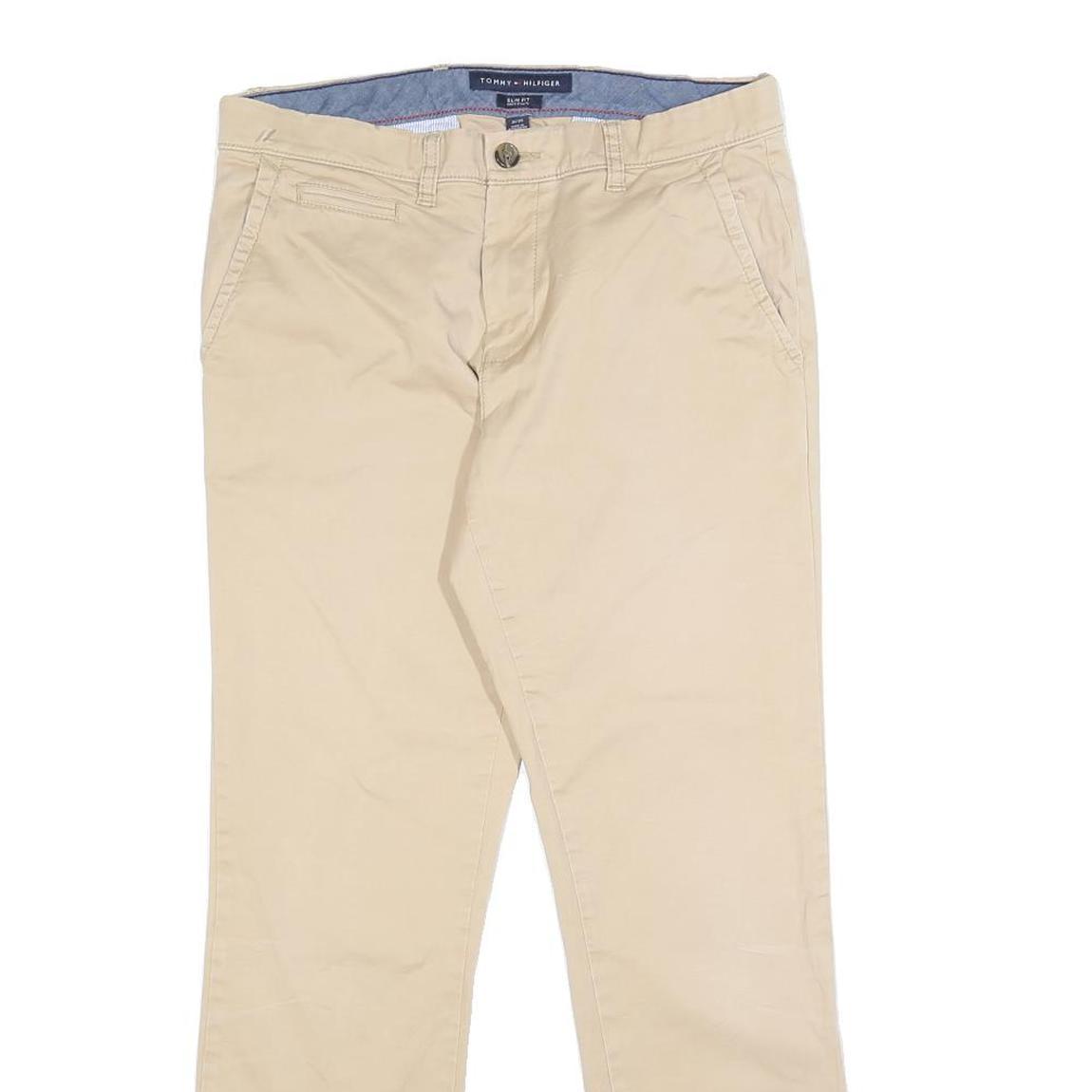 TOMMY HILFIGER Mens Slim Beige Cotton Blend Trousers W31 L30 Casual Zip