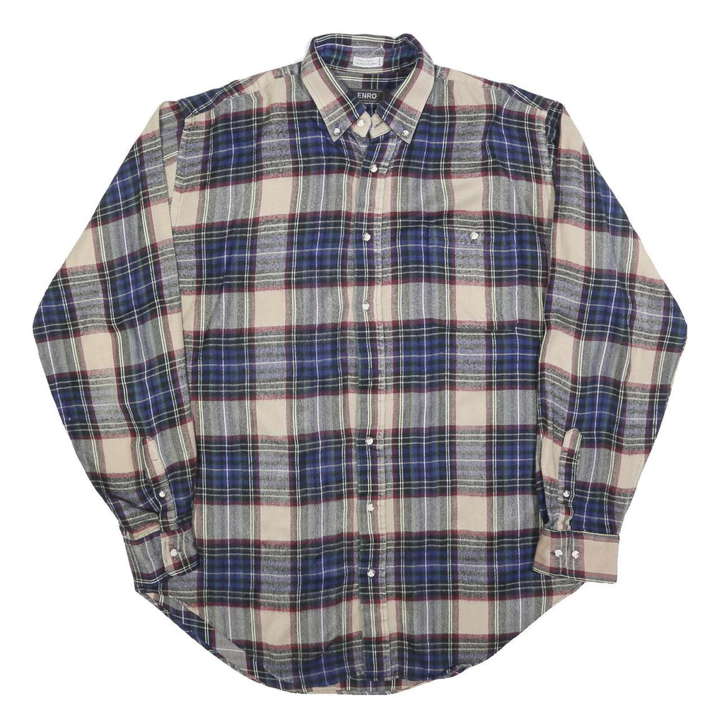 ENRO Mens Beige Blue Plaid Acrylic Shirt L Comfortable Classic Button-Down