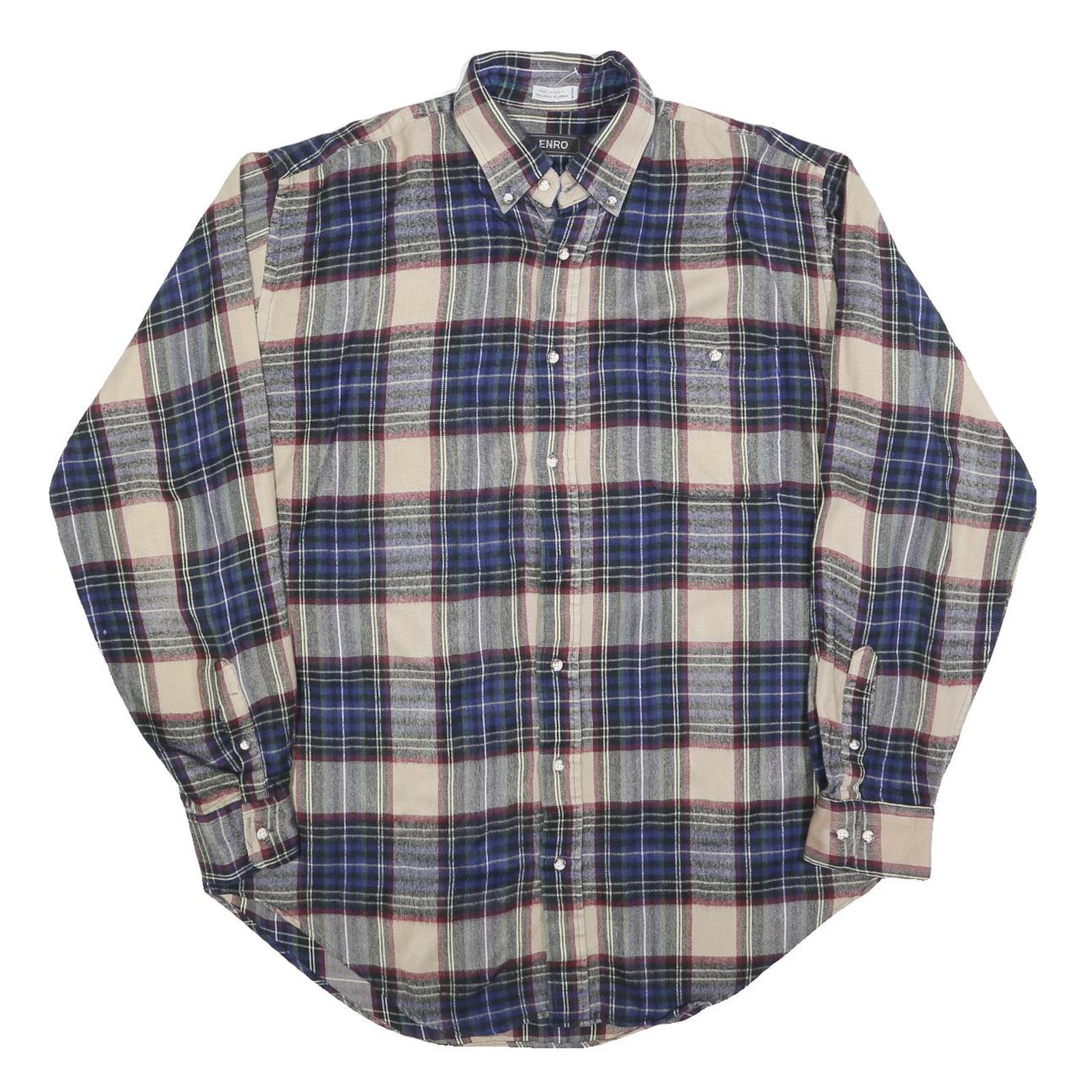 ENRO Mens Beige Blue Plaid Acrylic Shirt L Comfortable Classic Button-Down