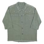 Womens Green Oversized Shirt M Pearl Embellished Fray Detail Casual