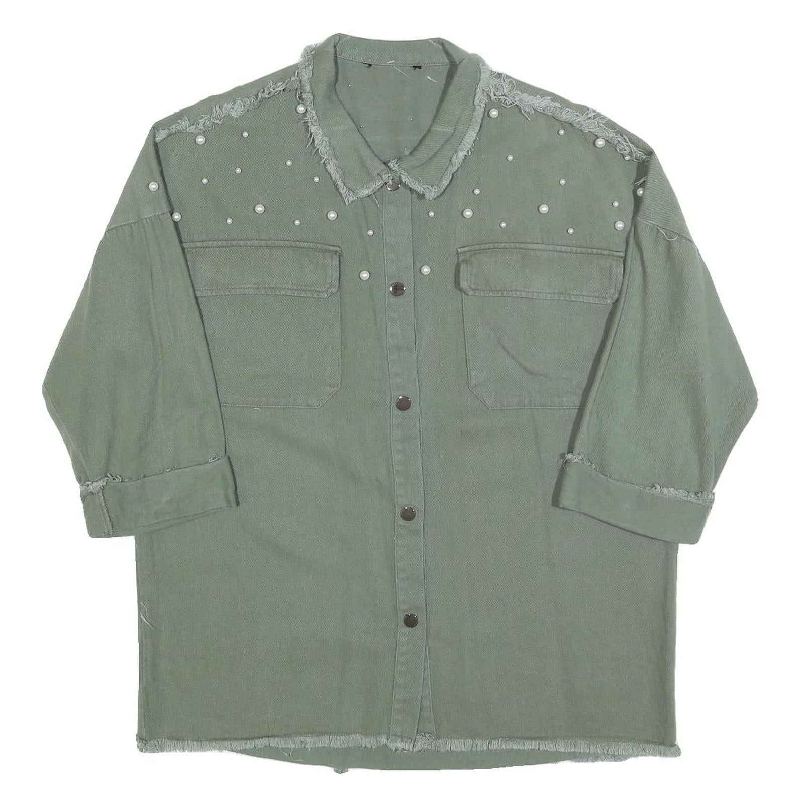 Womens Green Oversized Shirt M Pearl Embellished Fray Detail Casual