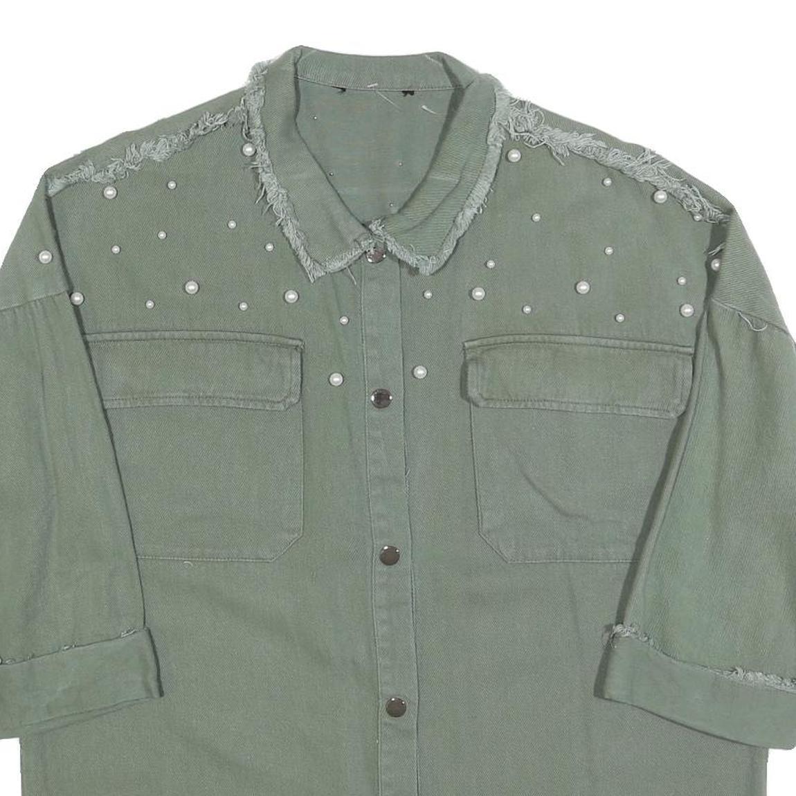 Womens Green Oversized Shirt M Pearl Embellished Fray Detail Casual