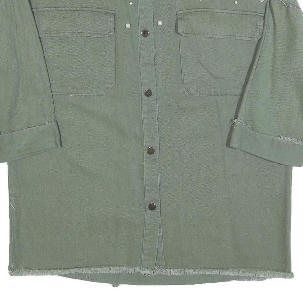 Womens Green Oversized Shirt M Pearl Embellished Fray Detail Casual