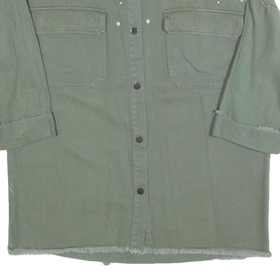 Womens Green Oversized Shirt M Pearl Embellished Fray Detail Casual