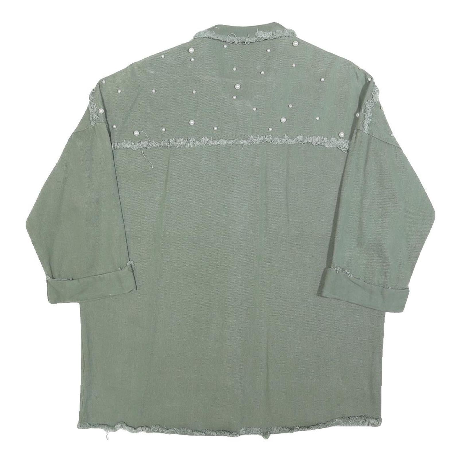 Womens Green Oversized Shirt M Pearl Embellished Fray Detail Casual