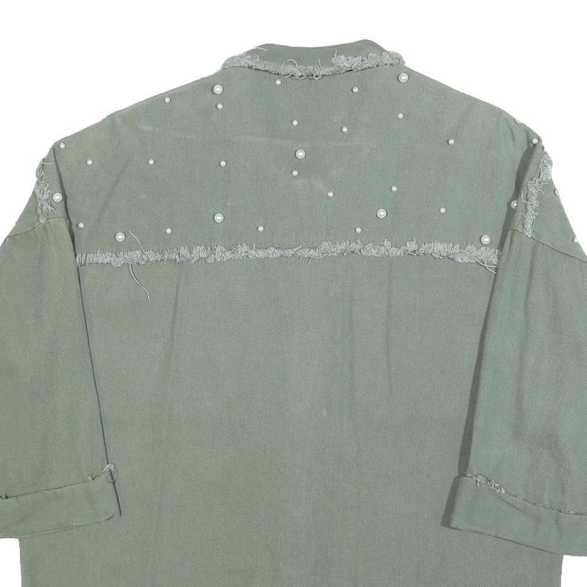 Womens Green Oversized Shirt M Pearl Embellished Fray Detail Casual