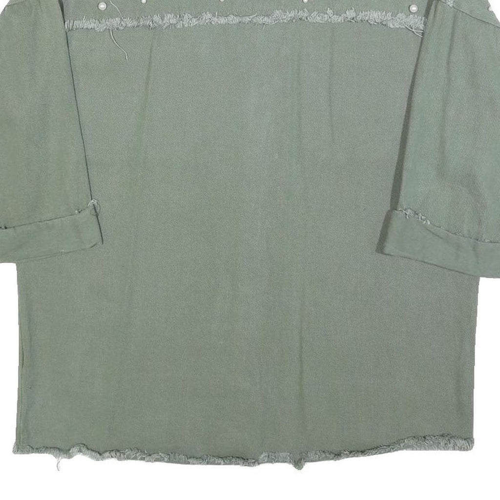 Womens Green Oversized Shirt M Pearl Embellished Fray Detail Casual