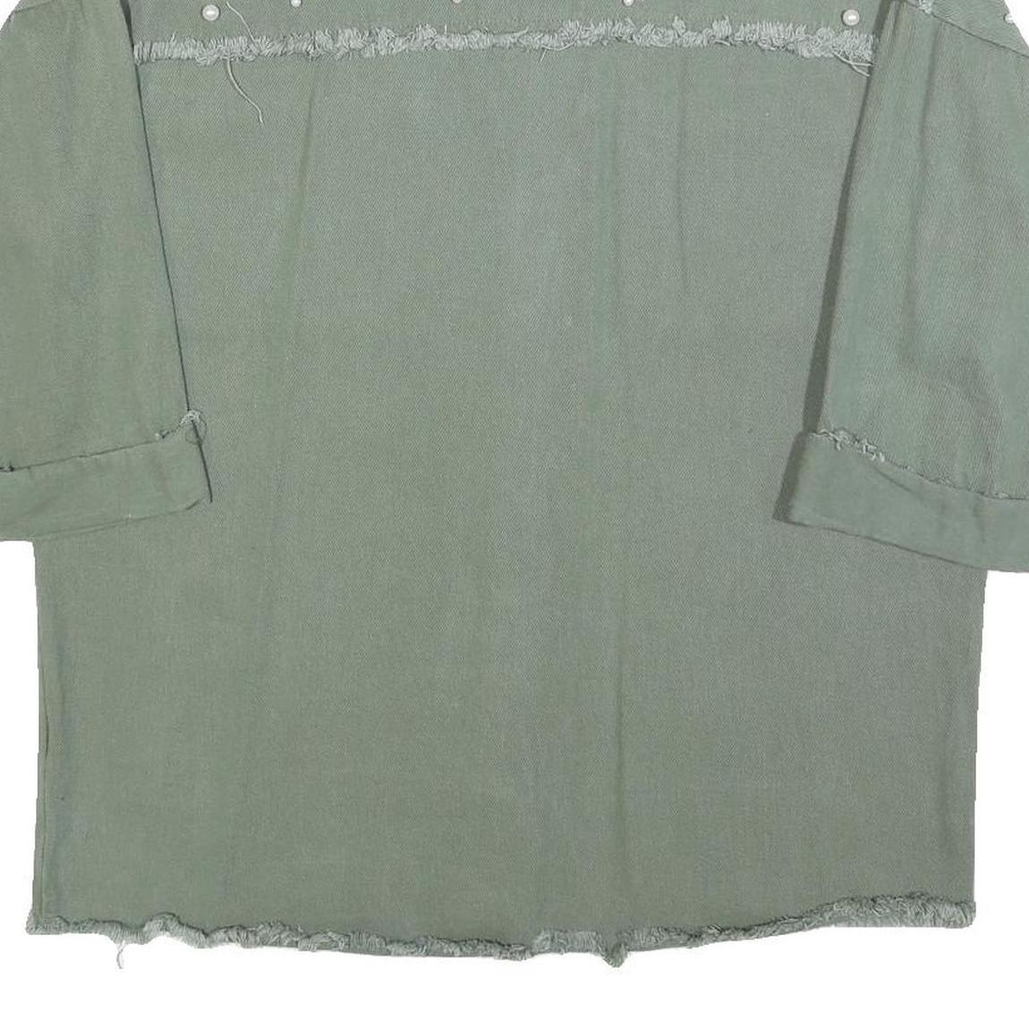 Womens Green Oversized Shirt M Pearl Embellished Fray Detail Casual