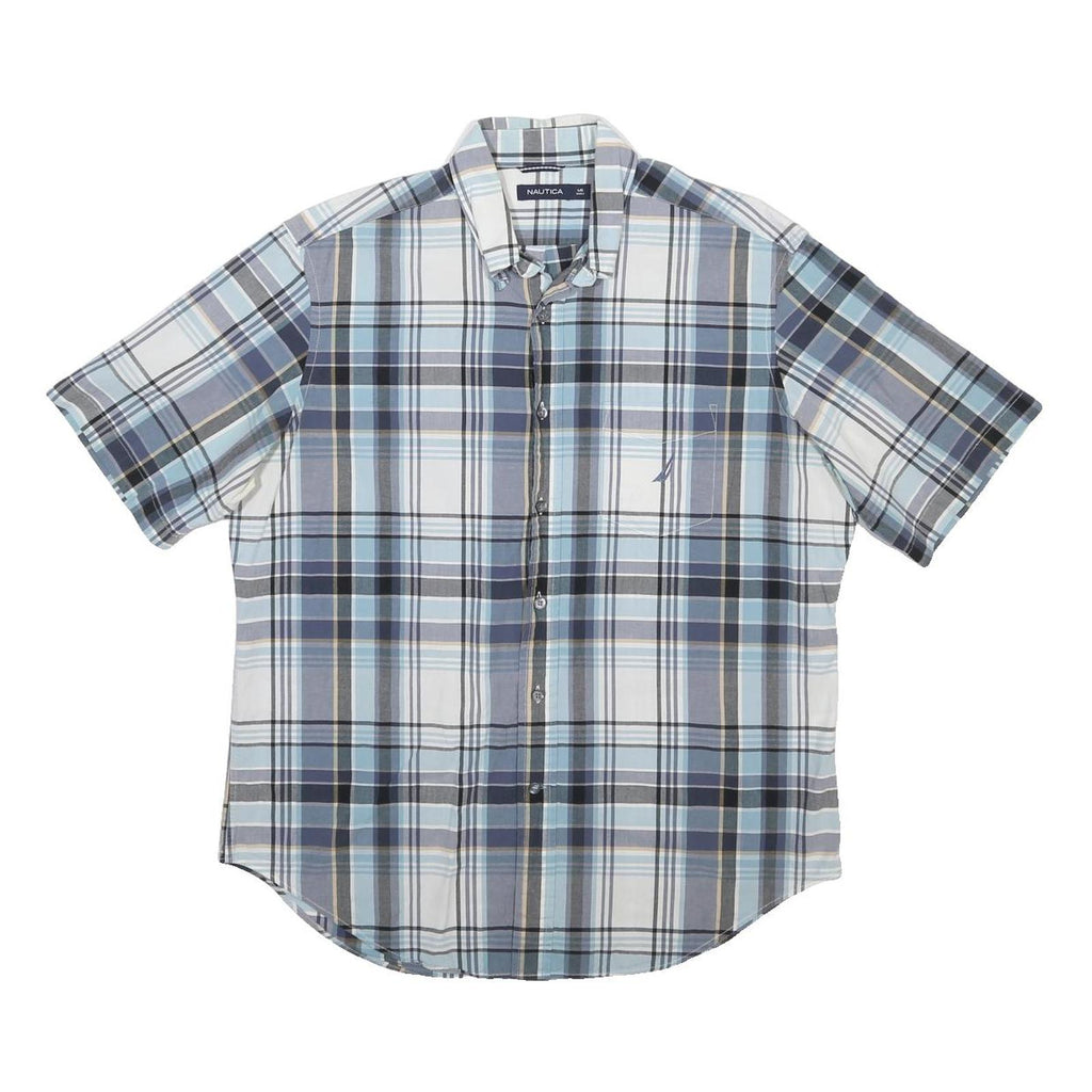 NAUTICA Mens Blue & Grey Plaid Cotton Shirt L Casual Short Sleeve Button