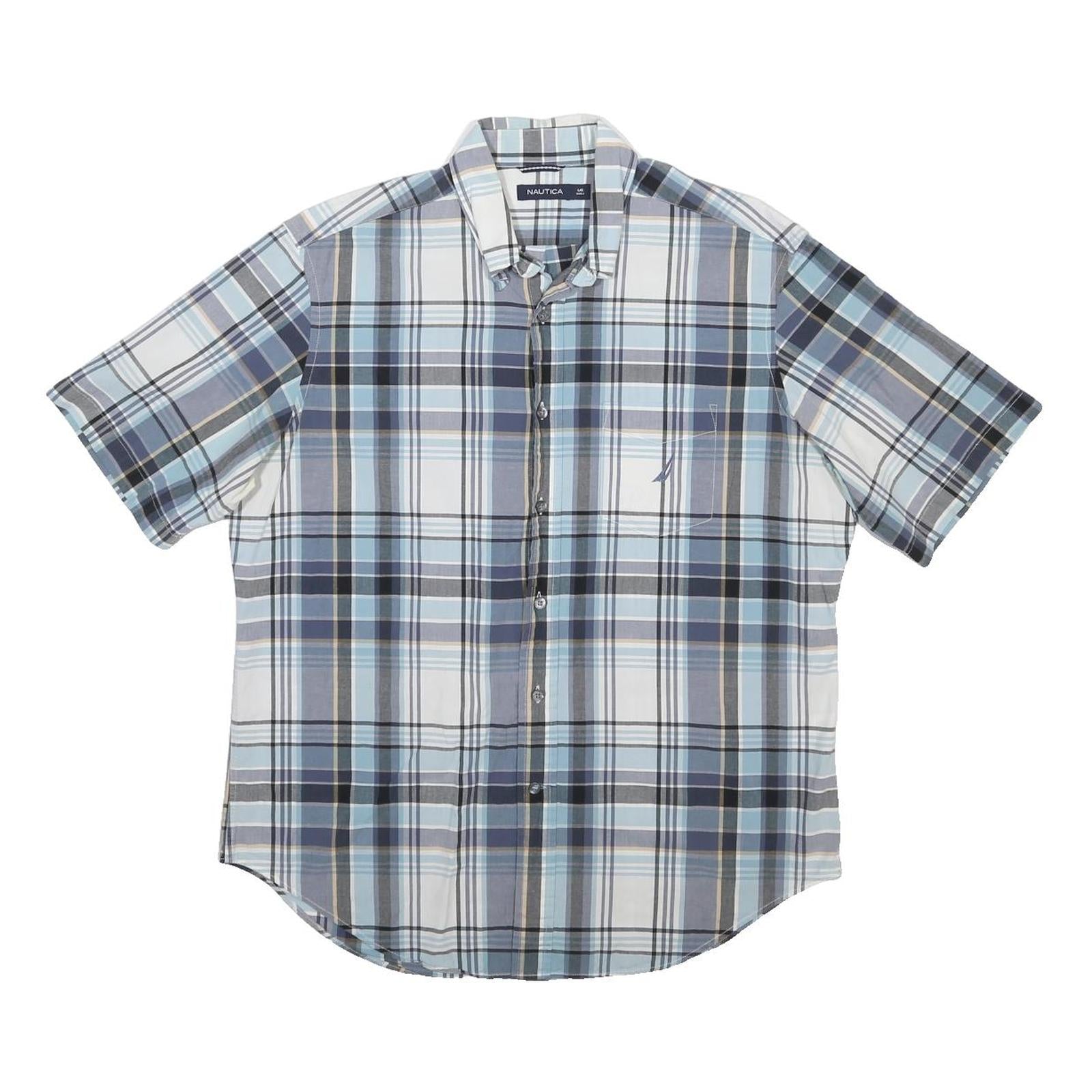NAUTICA Mens Blue & Grey Plaid Cotton Shirt L Casual Short Sleeve Button