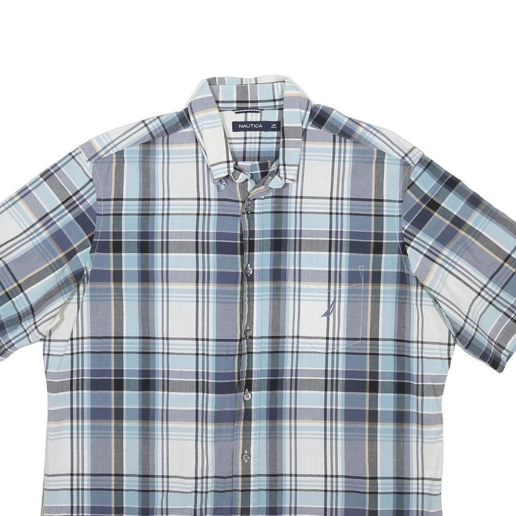 NAUTICA Mens Blue & Grey Plaid Cotton Shirt L Casual Short Sleeve Button