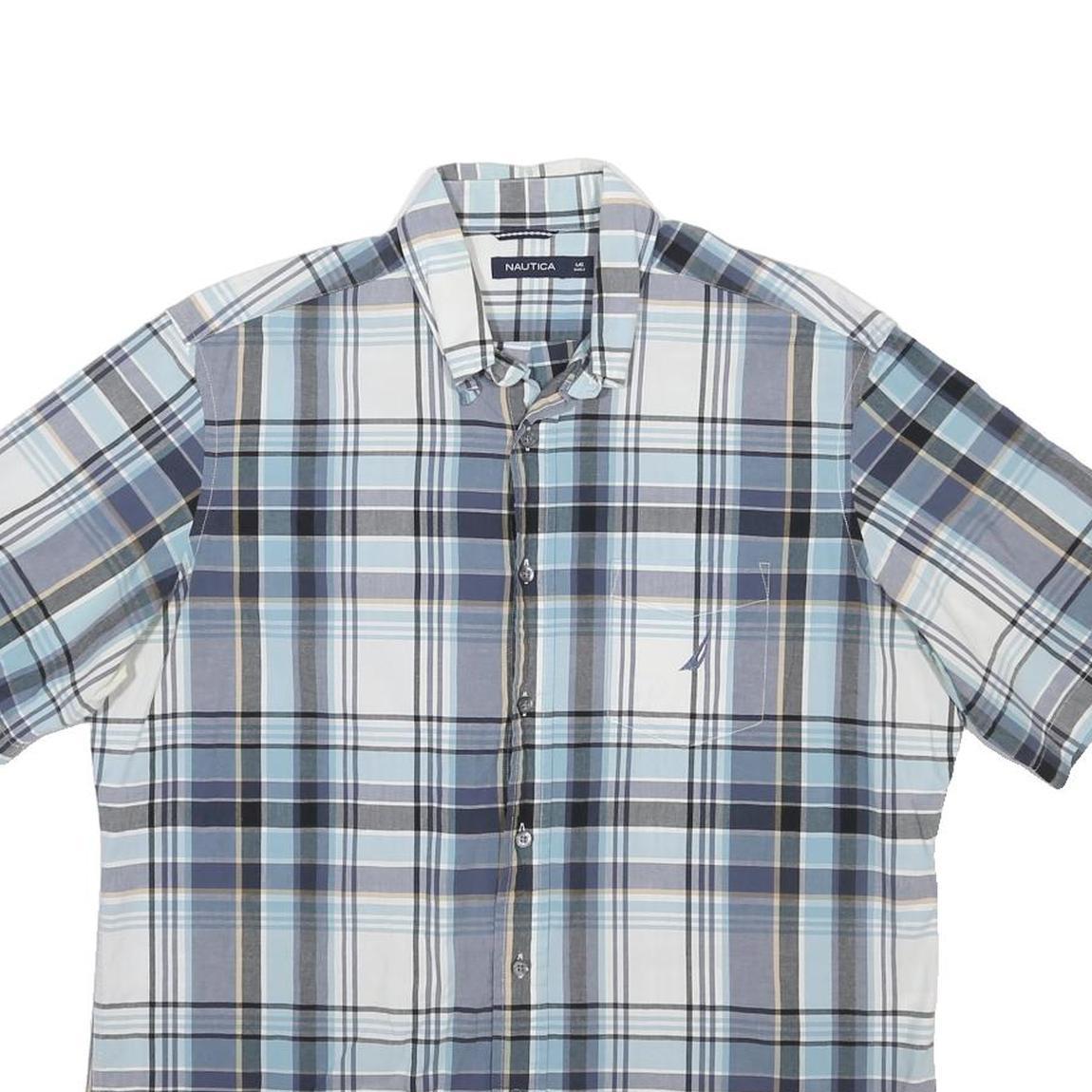 NAUTICA Mens Blue & Grey Plaid Cotton Shirt L Casual Short Sleeve Button