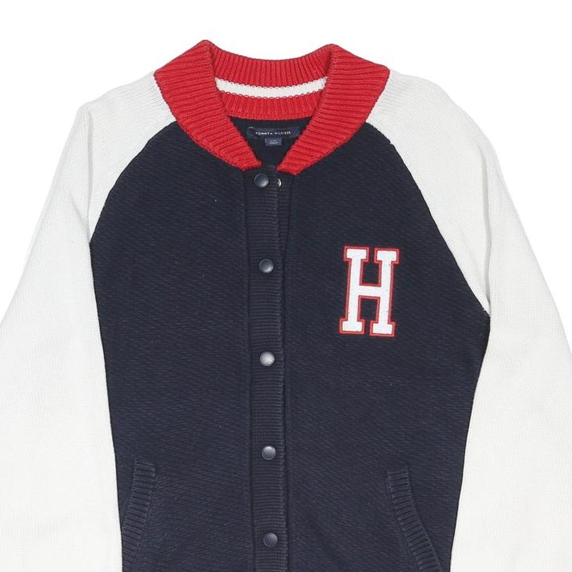 TOMMY HILFIGER Womens Blue & White Patterned Jumper Button Up Crew Neck Rib Knit