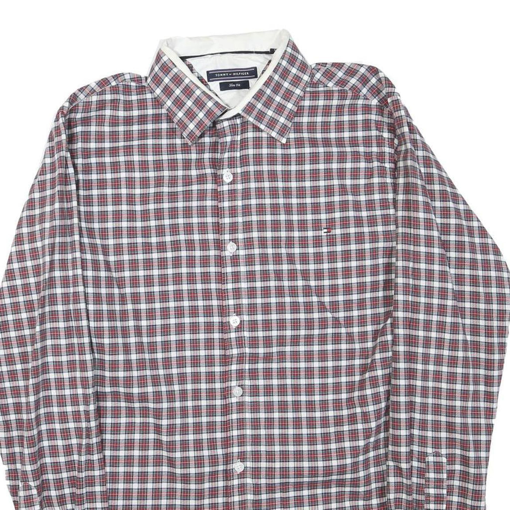 TOMMY HILFIGER Mens Red White & Blue Checked Shirt L Slim Fit Cotton Blend