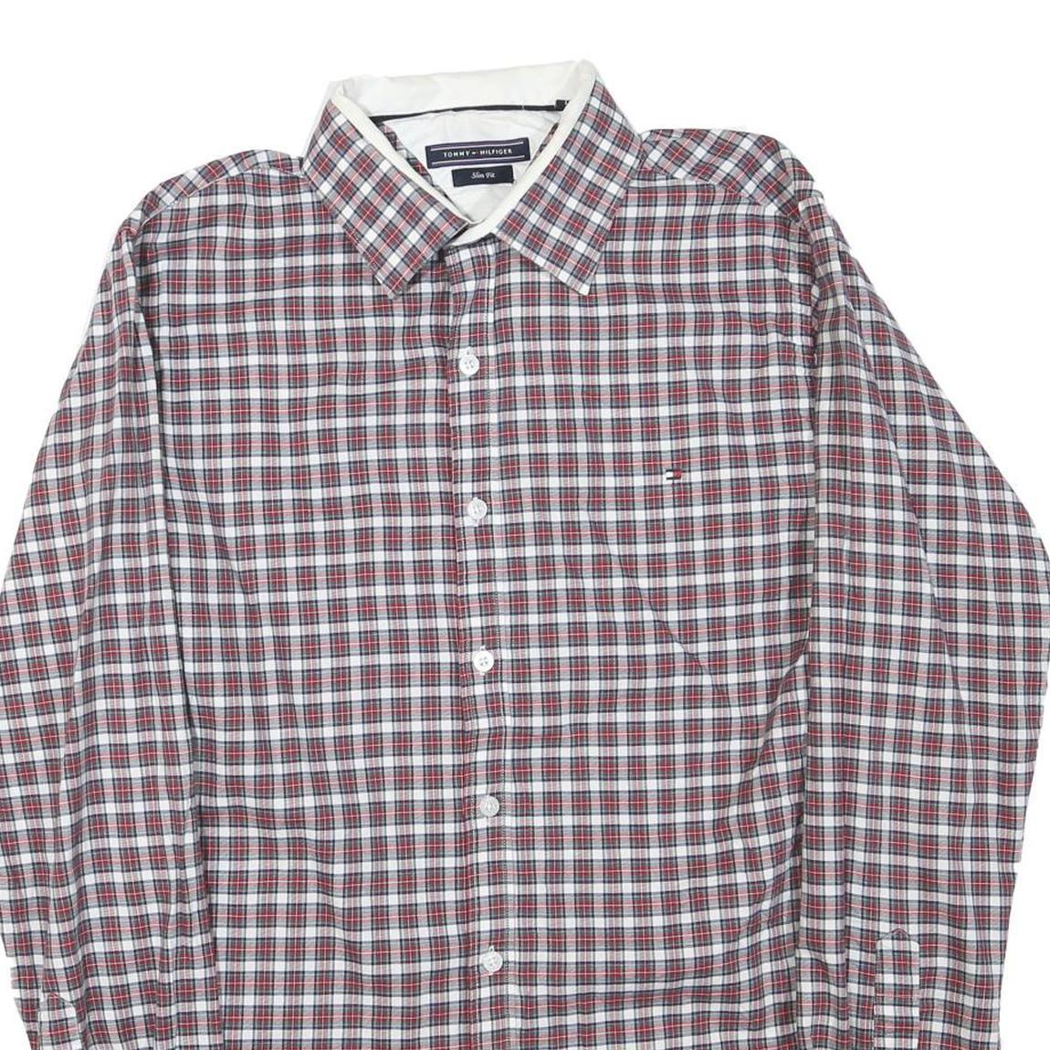 TOMMY HILFIGER Mens Red White & Blue Checked Shirt L Slim Fit Cotton Blend