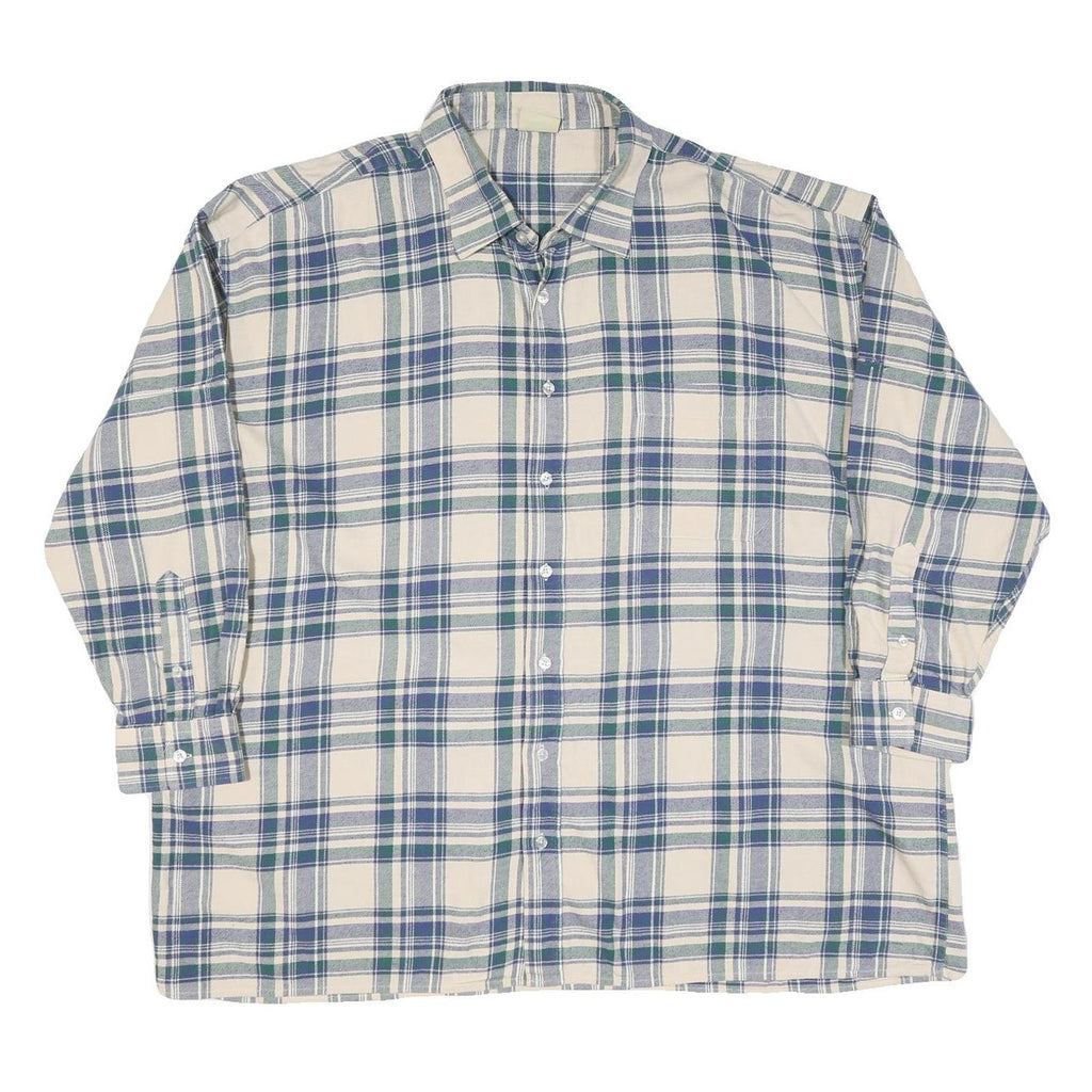 Mens Cream Blue Green Checked Cotton Shirt XL Casual Long Sleeve Button-Up
