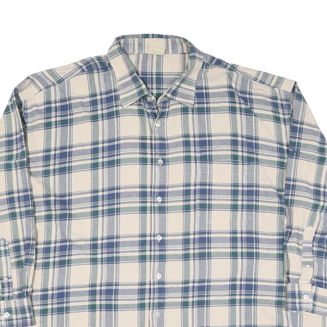 Mens Cream Blue Green Checked Cotton Shirt XL Casual Long Sleeve Button-Up