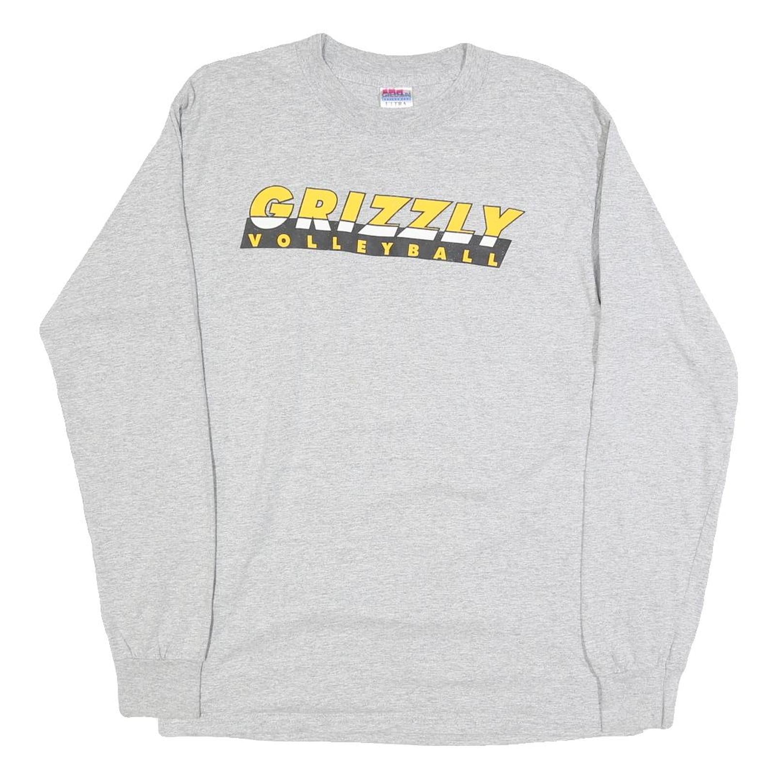 GILDAN Mens Grey Yellow Grizzly Volleyball Long Sleeve Crew Neck T-Shirt M
