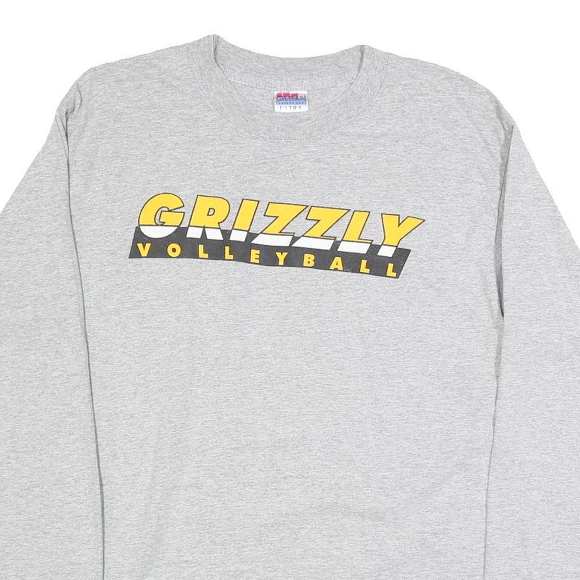 GILDAN Mens Grey Yellow Grizzly Volleyball Long Sleeve Crew Neck T-Shirt M