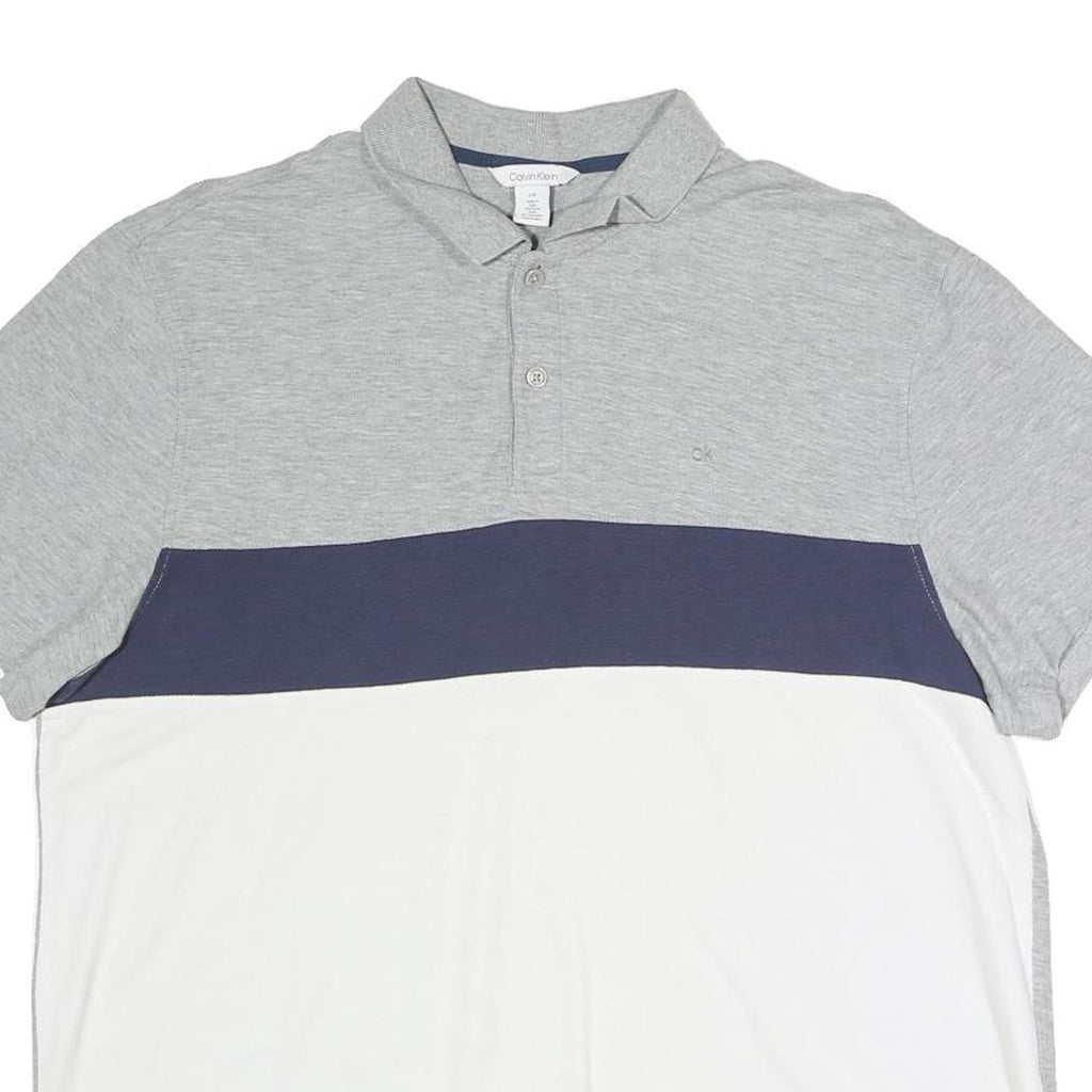 CALVIN KLEIN Mens Grey & Navy Blue & White Short Sleeve Cotton Blend Polo Shirt