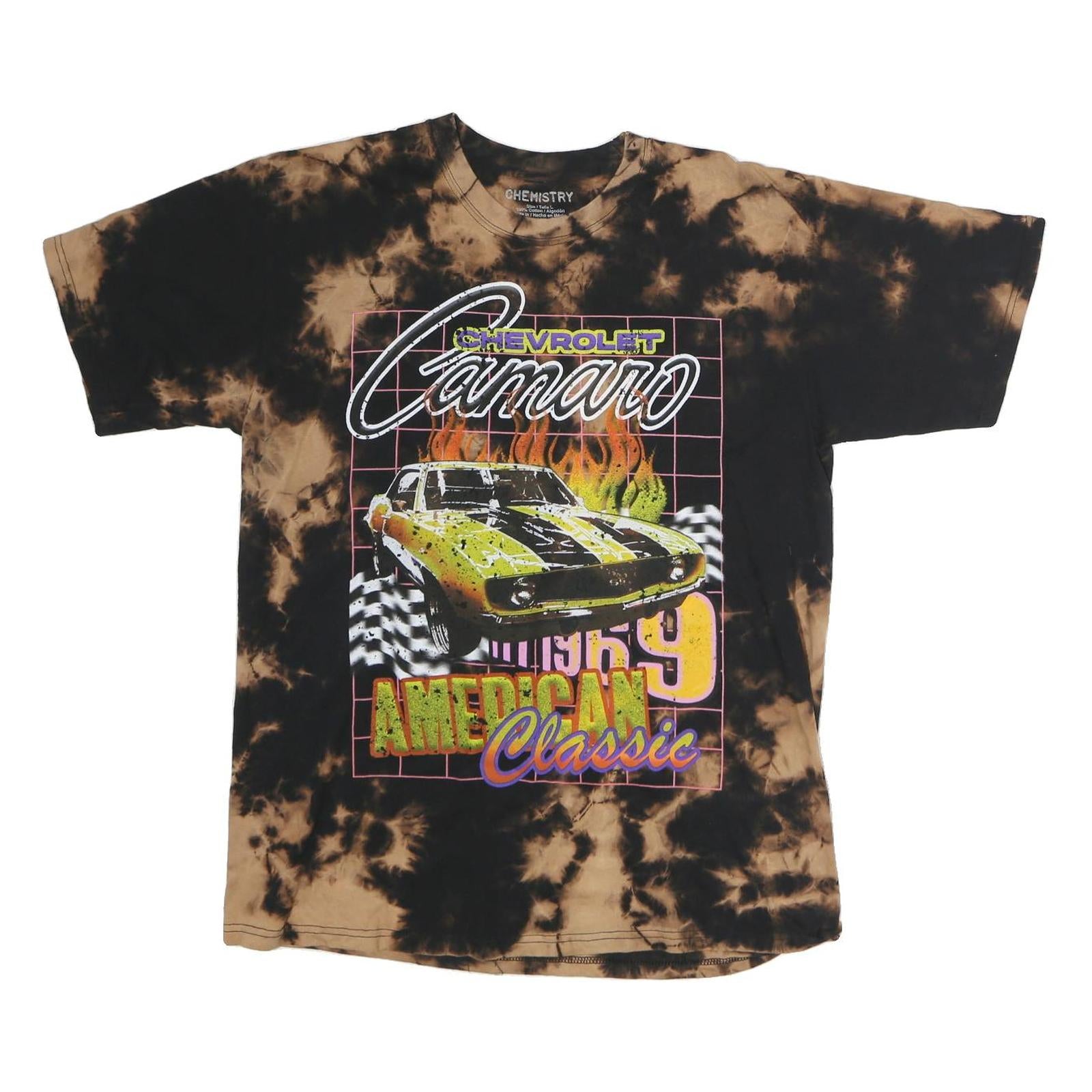 CHEMISTRY Mens Black & Brown Tie Dye Chevrolet Camaro Graphic T-Shirt L Crew
