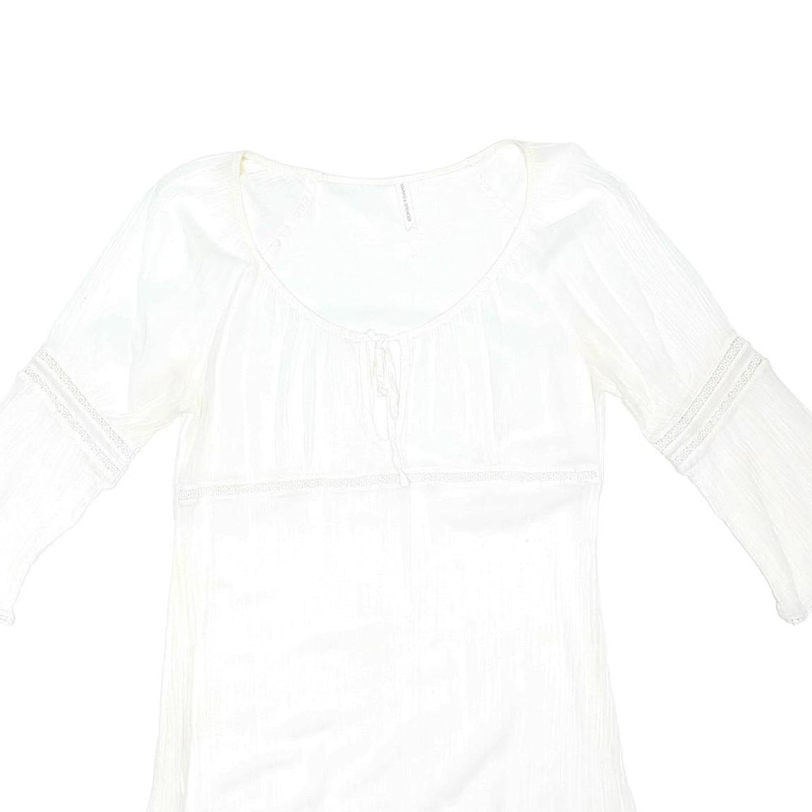 MARKS & SPENCER Womens White Day Dress Cotton Blend Woven Scoop Neck 3/4 Sleeve