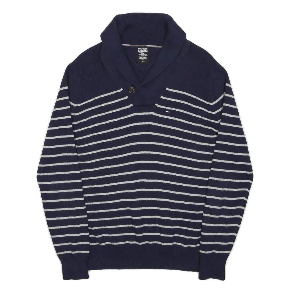 HILFIGER DENIM Mens Navy Blue & White Striped Patterned Shawl Collar Pullover