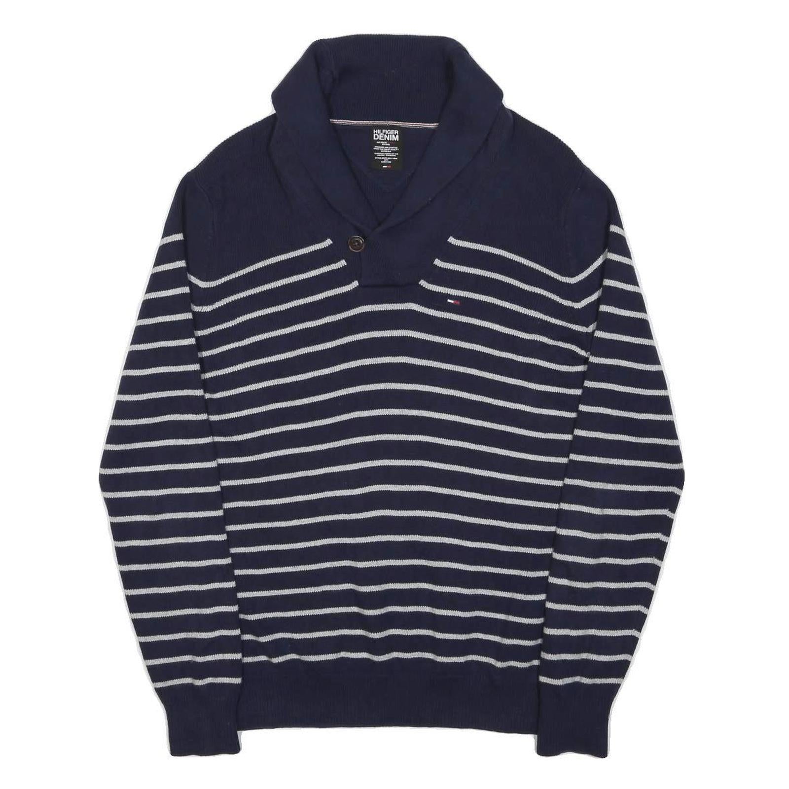 HILFIGER DENIM Mens Navy Blue & White Striped Patterned Shawl Collar Pullover