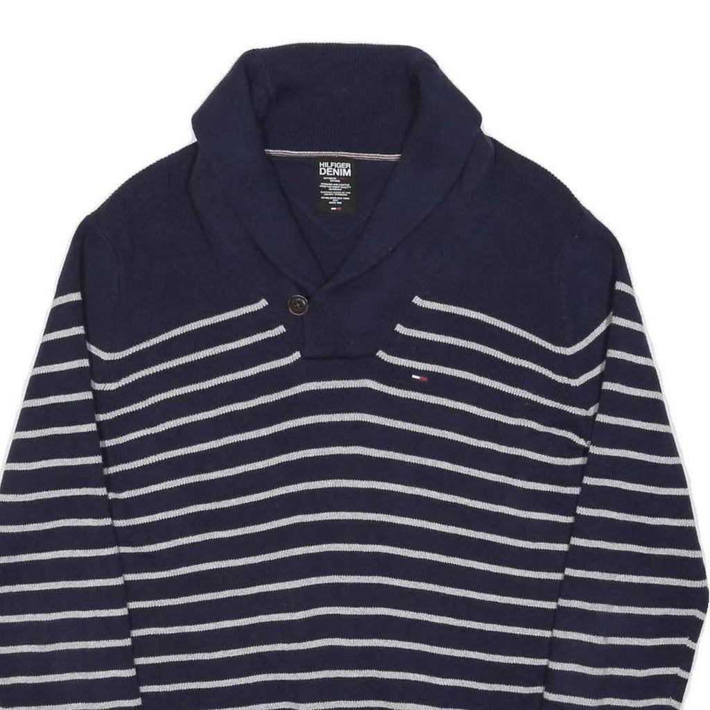 HILFIGER DENIM Mens Navy Blue & White Striped Patterned Shawl Collar Pullover